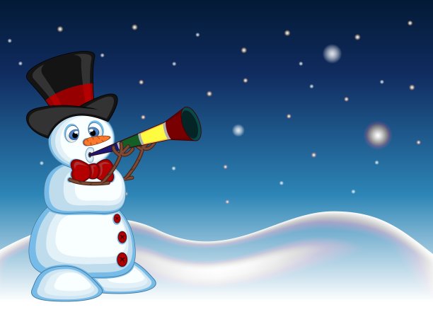 雪人戴着帽子和领结吹号角与星星，天空和雪山背景为您的设计矢量插图图片下载
