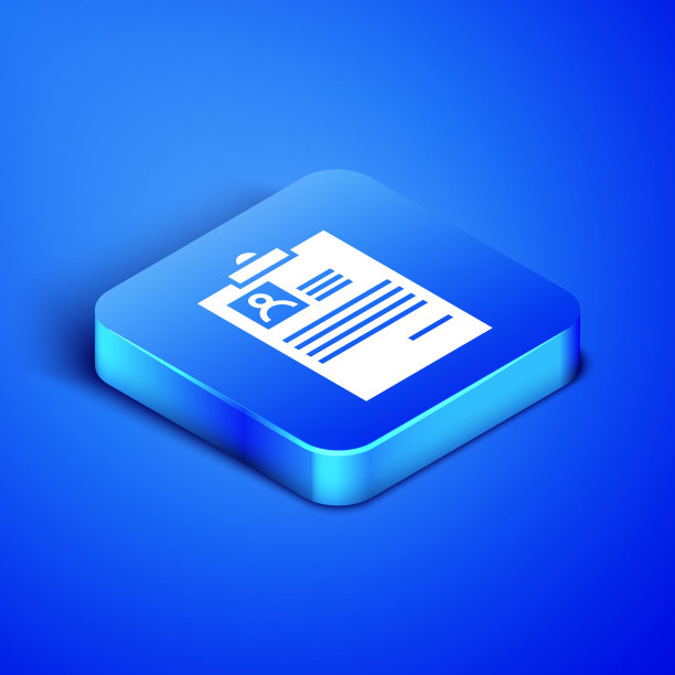 带有蓝色背景隔离的简历图标的等距剪贴板。简历的应用程序。个人简历、职位申请表及个人照片。蓝色方块按钮。矢量图图片下载