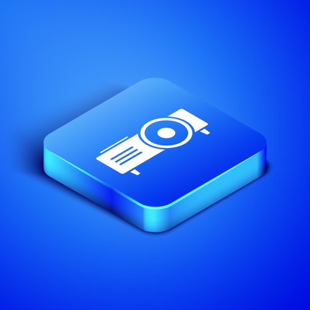 等距展示，电影，电影，媒体投影仪图标孤立在蓝色背景。蓝色方块按钮。矢量图图片下载