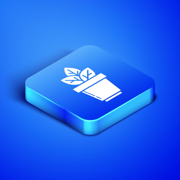 等距花在盆图标孤立在蓝色背景。盆栽植物。盆栽植物标志。蓝色方块按钮。矢量图图片下载