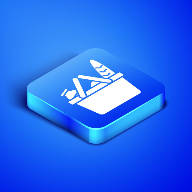 等距购物篮和食品图标孤立在蓝色背景。食品商店,超市。蓝色方块按钮。矢量图图片下载