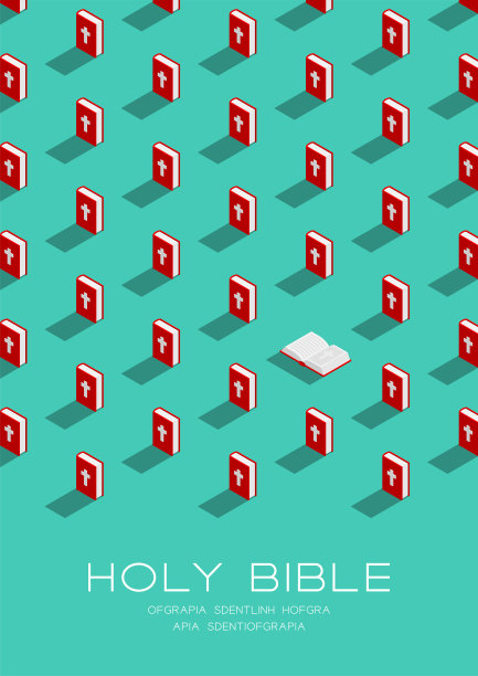 圣经书三维等距模式，基督教信仰的概念海报和旗帜垂直设计插图孤立在绿色背景与复制空间，矢量eps 10图片下载
