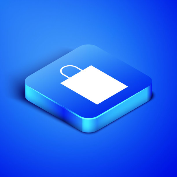 等距纸购物袋图标孤立在蓝色背景。包的迹象。蓝色方块按钮。矢量图图片下载