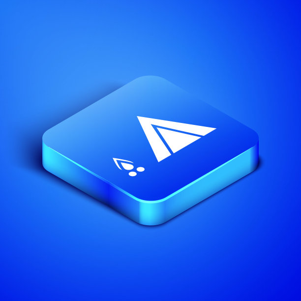 等距旅游帐篷与木材火图标孤立在蓝色背景。露营的象征。蓝色方块按钮。矢量图图片下载