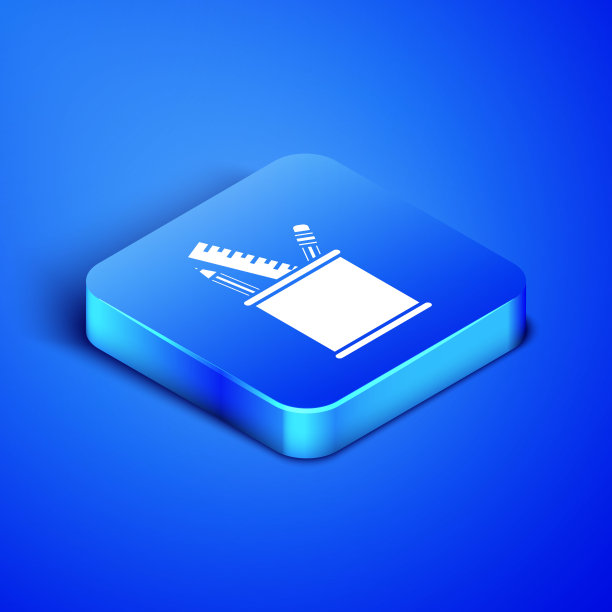 等距铅笔盒文具图标孤立在蓝色背景。铅笔，钢笔，办公室用的玻璃杯里的尺子。蓝色方块按钮。矢量图图片下载