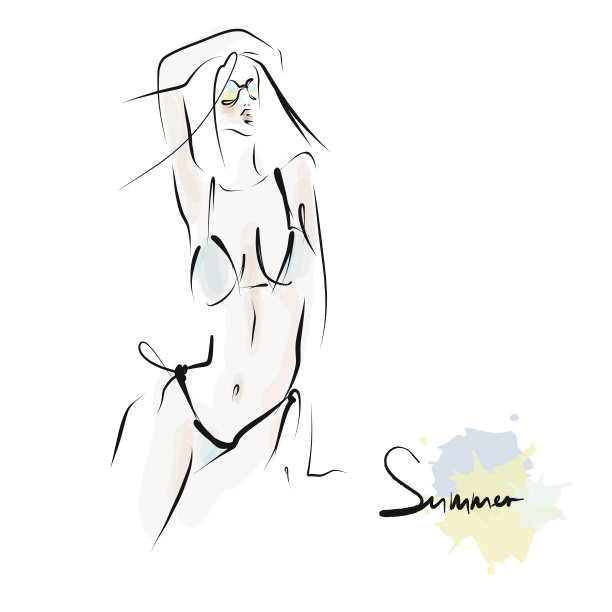 手绘的女孩穿着比基尼和太阳镜，手写的夏天图片下载