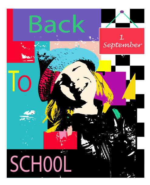 回到学校流行艺术色彩缤纷与一个快乐的孩子的脸图片下载