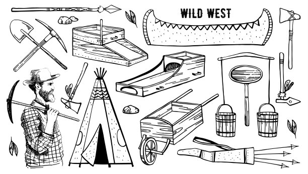 狂野西部和美洲原住民物品设置。棚屋，挖掘机，独木舟，摇椅，采矿工具，武器。矢量手绘草图示意图图片下载