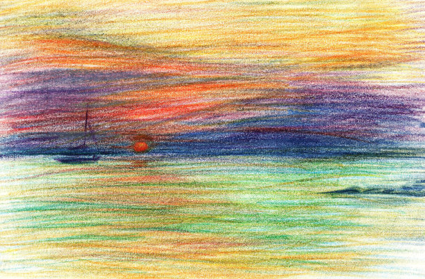 海景，橙色日落，游艇。海边，海滩，山脉。图片下载