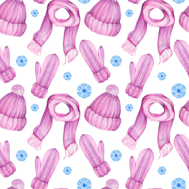 无缝图案与粉红色编织帽子，围巾，手套和雪花。图片下载