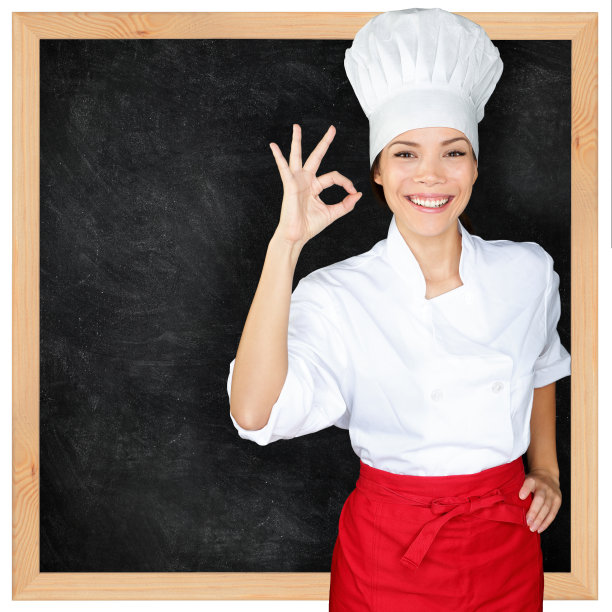 厨师在黑板上展示菜单和完美的手势图片下载