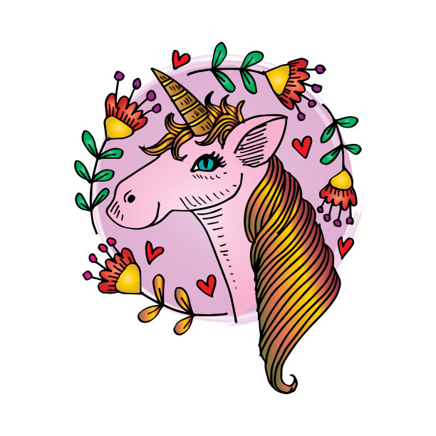 独角兽与花。手绘插图。图片下载