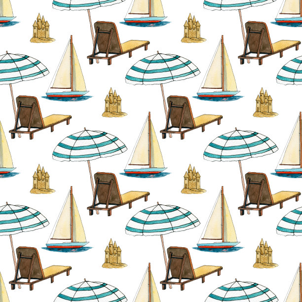 无缝图案有游艇、沙堡、伞、躺椅。图片下载