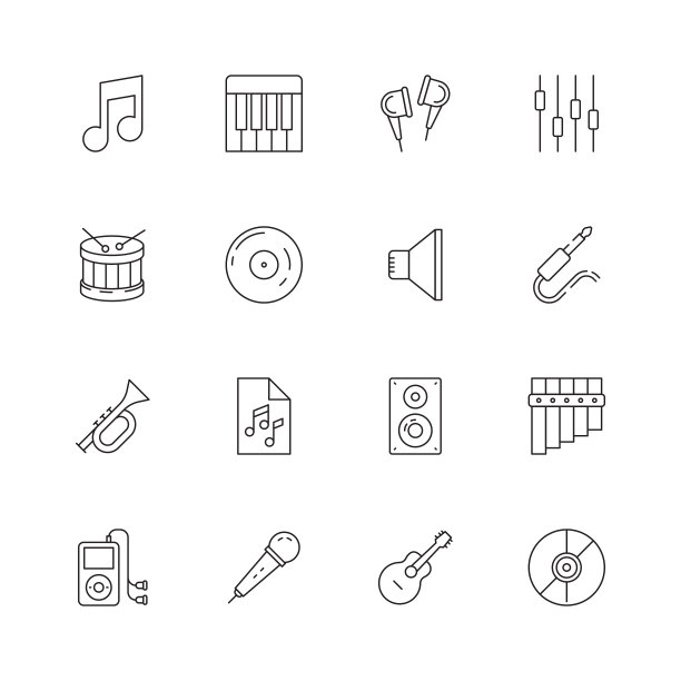 音乐图标。Dj音乐家设备cd唱片摇滚古典歌曲录音室音频矢量细线符号图片下载