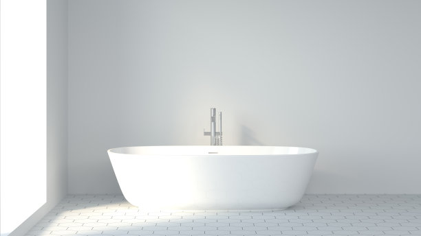 简约干净的浴室白色墙壁背景图像装饰3d渲染，斯堪的纳维亚设计风格自由的文字空间图片下载