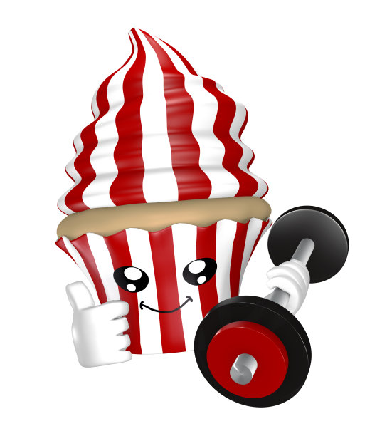 有趣的健身纸杯蛋糕配红白条纹的哑铃。图片下载