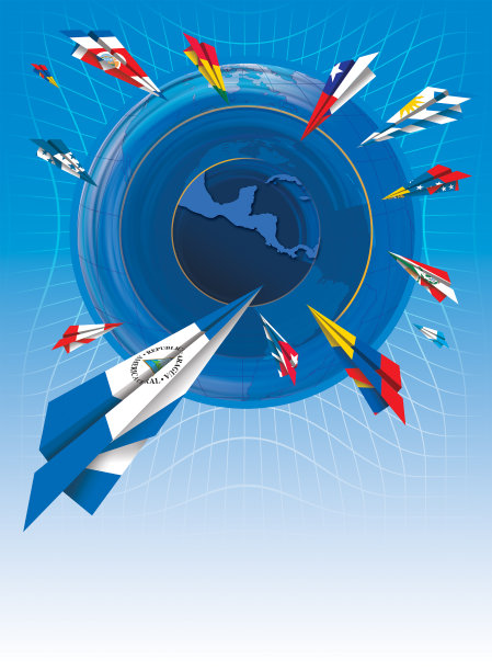 绘有不同拉丁美洲国家国旗的纸飞机朝中美洲地图飞去图片下载