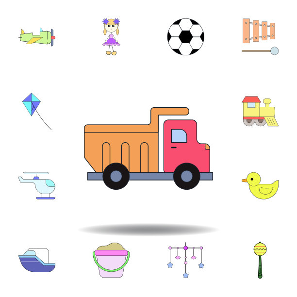 卡通卡车玩具彩色图标。一套儿童玩具插图图标。标志、符号可用于网页、logo、手机应用、UI、UX图片下载