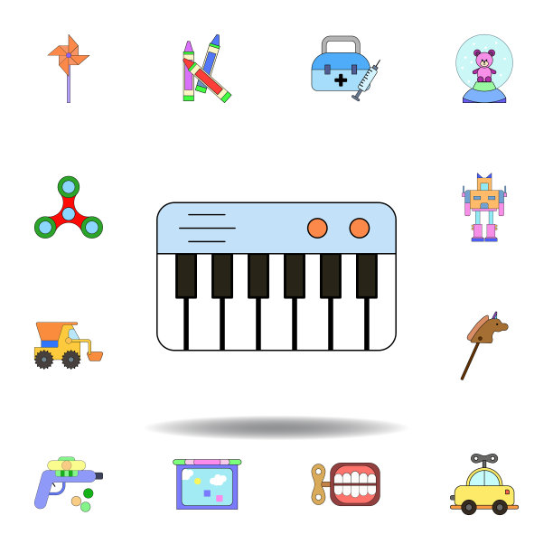 卡通钢琴玩具彩色图标。一套儿童玩具插图图标。标志、符号可用于网页、logo、手机应用、UI、UX图片下载