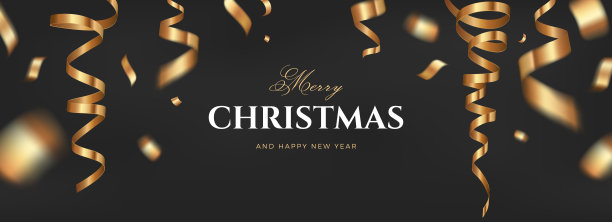 圣诞快乐黑色背景设计与金色丝带装饰图片下载