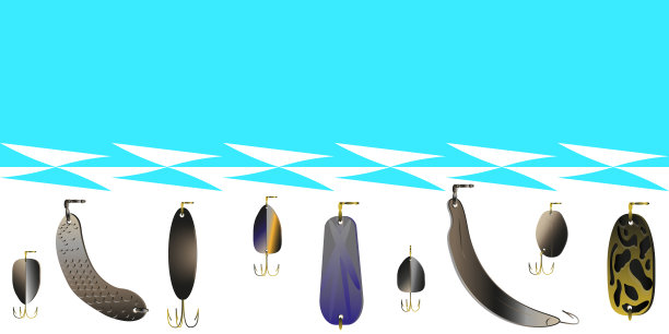 在抽象的海洋和波浪的背景上钓鱼的一套诱饵。矢量图案为明信片，海报，纺织品，专业文献，标志为钓鱼俱乐部。图片下载