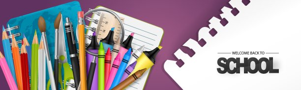 欢迎回到学校紫色横幅与逼真的照片像文具教育用品。网站标题或杂志广告设计。矢量插图。图片下载