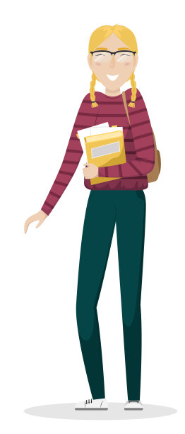 扎着辫子，戴着眼镜，手里拿着课本的女学生。图片下载