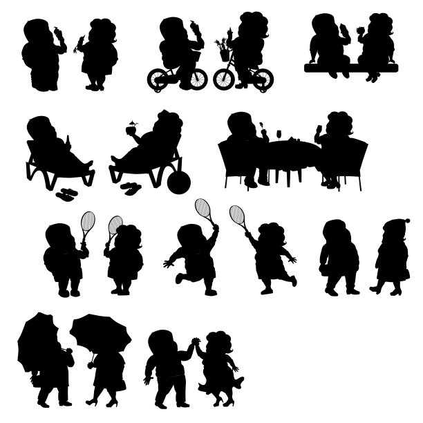 一对胖夫妇在不同的场合。黑色的轮廓图片下载