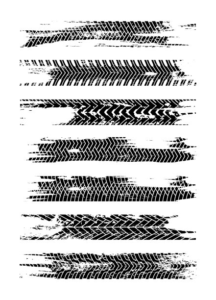 黑色轮胎轨迹剪影设置。垃圾轮胎痕迹被隔离在白色背景上。有墨迹的轮胎印。轮胎轨迹道路飞溅墙纸图片下载