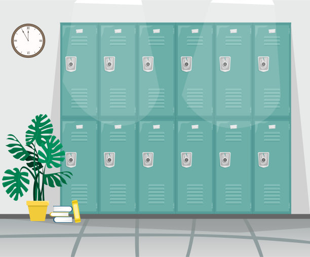 学校走廊有放书和衣服的储物柜。图片下载