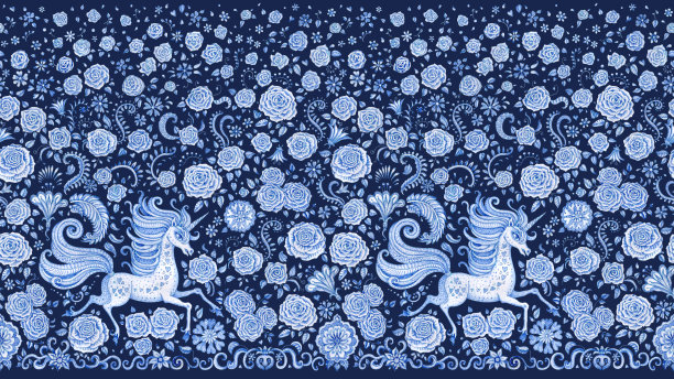 水彩绘制无缝边界，独角兽打印在深蓝色的背景。花卉图案从美丽的玫瑰花，幻想的叶子和童话动物，装饰可爱的马。围巾、披肩、壁纸图片下载