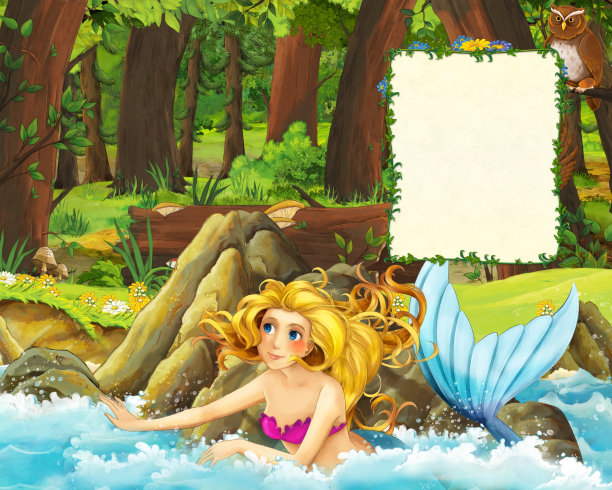 卡通场景的森林和草地与猫头鹰和海岸与美人鱼游泳-标题页与文本空间图片下载