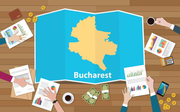 罗马尼亚首都布加勒斯特地区经济增长与团队讨论在折叠地图上从上往下看图片下载