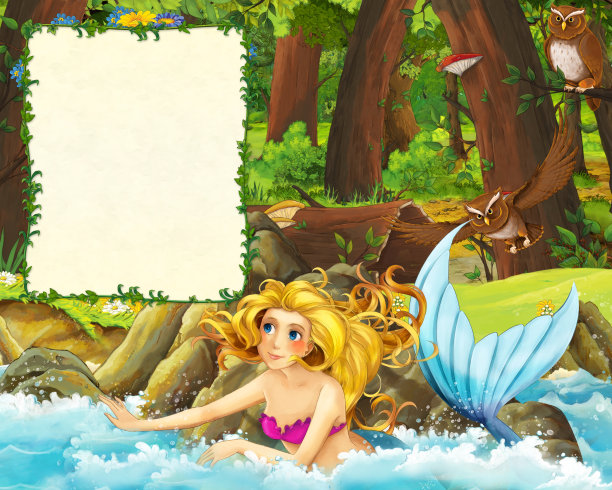卡通场景的森林和草地与猫头鹰和海岸与美人鱼游泳-标题页与文本空间图片下载