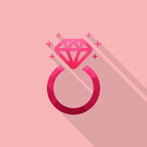 钻石订婚戒指图标与长阴影在粉红色的背景，平的设计风格图片下载