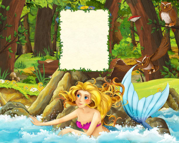 卡通场景的森林和草地与猫头鹰和海岸与美人鱼游泳-标题页与文本空间图片下载