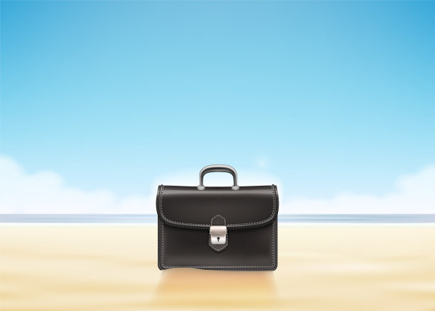 阳光沙滩上的商务旅行箱。图片下载