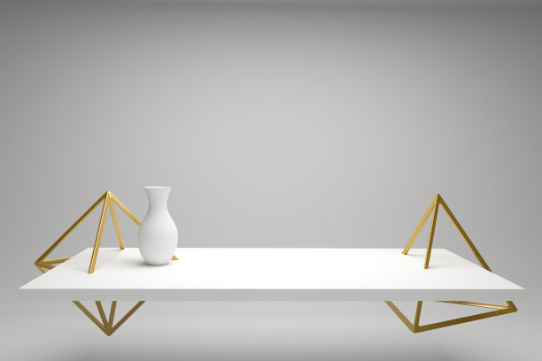 白色桌子上的未来派花瓶，金色的几何形状，现代静物画。极简设计的海报，封面，品牌，横幅，海报。三维渲染图片下载