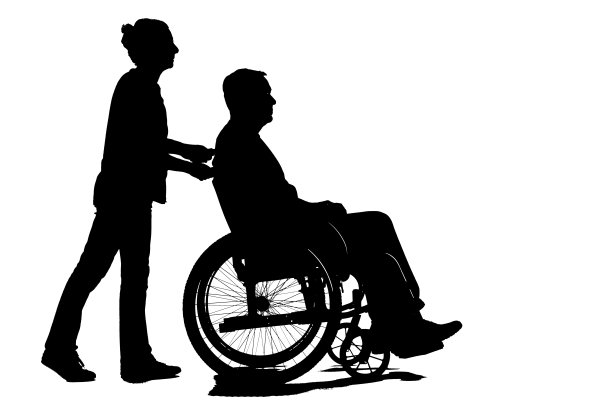 家庭护工和坐在轮椅上的老人，黑白相间的剪影图片下载