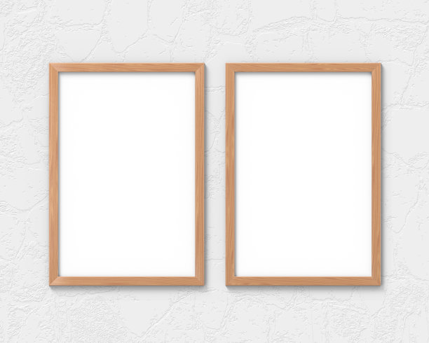 一套2垂直木框架模型与边界挂在墙上。图片或文字的空白底座。3 d渲染。图片下载
