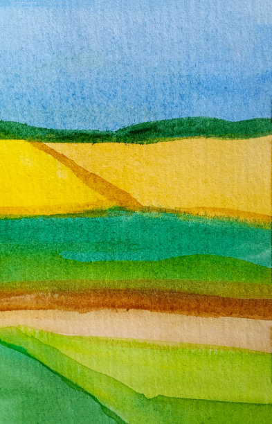 向日葵、小麦或油菜盛开的田野和草地，晴空万里。抽象水彩背景条纹的蓝色，黄色和绿色。秋收农业理念图片下载