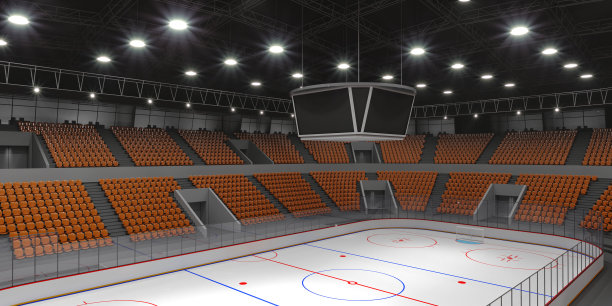室内曲棍球体育场，橙色的座位。图片下载