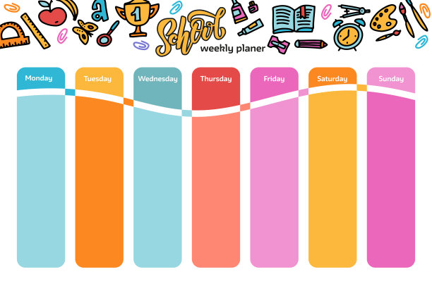 矢量模板学校时间表的学生和小学生。插图包括许多手绘元素的学校用品。手绘涂鸦平面彩色插图图片下载