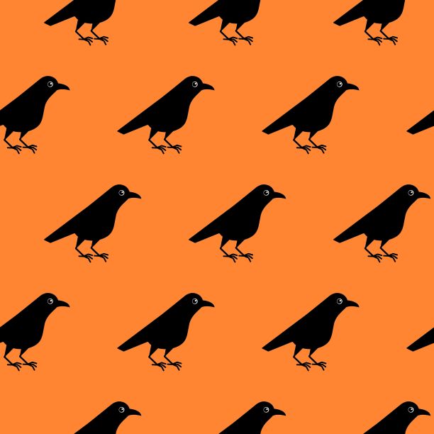 可爱的乌鸦乌鸦矢量在橙色背景无缝模式。图片下载