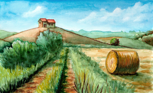 农村风景水彩画图片下载