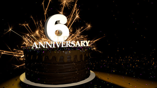 纪念6周年贺卡。木质的桌子上放着巧克力蛋糕，上面装饰着彩色的糖霜和白色的数字，黑色的背景是烟花，星星落在桌子上。三维演示图片下载