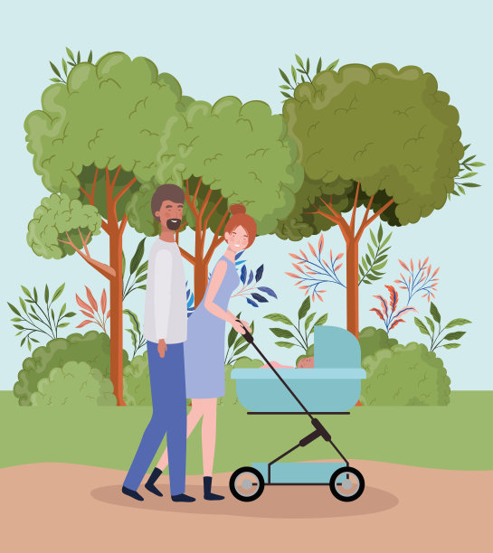 父母在公园里用手推车照顾新生婴儿图片下载