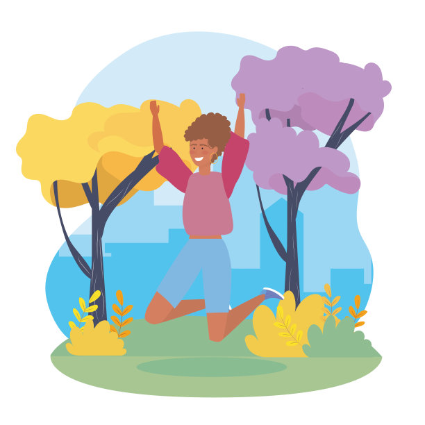 快乐的女孩，休闲的衣服和树图片下载