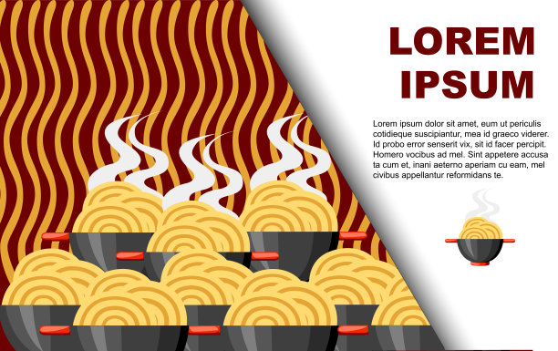 一碗拉面。亚洲食品。黑碗，红柄。一大群碗和面条。平面矢量插图纹理背景。广告传单或贺卡设计图片下载