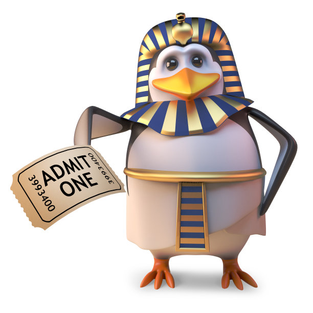 卡通埃及企鹅法老拿着一张门票，3d插图图片下载